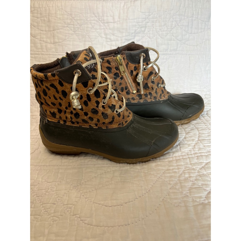 Sperry Saltwater Leopard Print Duck Boots Brown Black STS86757 Womens 5M